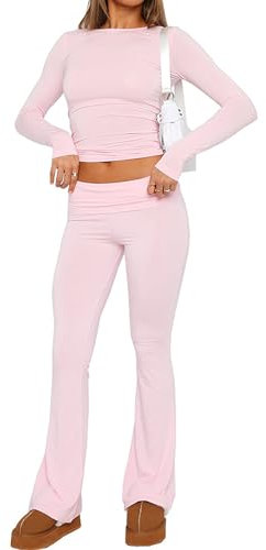 LSFYSZD Women Two Piece Outfits Long Sleeve Crop Top T-shirt + Fold Over Waist Flared Long Pants Sweat Suit Tracksuit Yoga Set (Pink, L)
