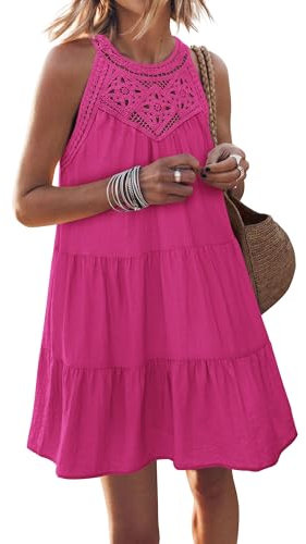 MASCOMODA Mini abito estivo da donna 2024 con scollo all'americana senza maniche mini abito casual increspato a strati una linea abiti corti da cocktail party, Rosa caldo, M