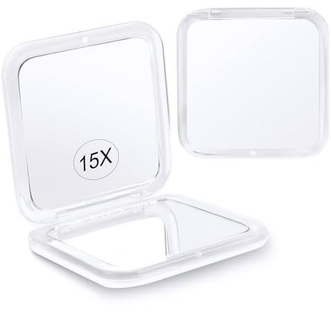 Specchio per trucco compatto ingranditore 15X da viaggio, piccolo specchio tascabile - portatile, pieghevole e portatile. Specchio per borse su 2 lati con ingrandimento 15X - Quadrato 8,4 cm (Bianco)