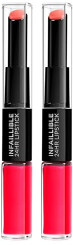 L'Oréal Paris Infaillible 24H Lipstick Flüssiger Lippenstift 2-in-1, langer Halt mit feuchtigkeitsspendender Pflegespülung mit Hyaluron-Gel, Farbe 701 Captivated by Cerise - 2 Kosmetika