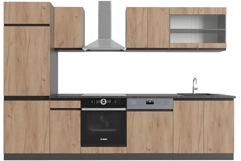 Vicco Küchenzeile R-Line, Goldkraft Eiche/Anthrazit, 300 cm, AP Anthrazit