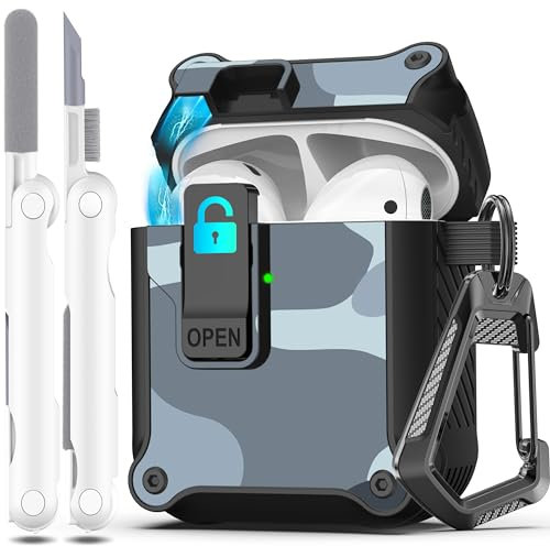 R-fun Kompatibel mit AirPods 2 Generation Hülle 2019, 1 Gen 2016 Case Cover, automatisches Pop-Up-Deckel-Design für Apple Airpods Hülle mit Reinigungsset & Schlüsselanhänger,Hellgraue Tarnung
