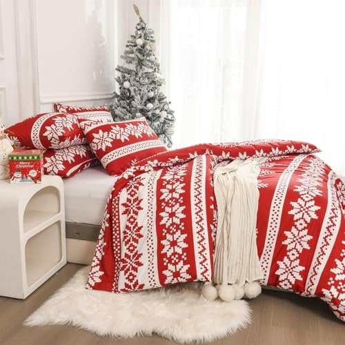 Luofanfei Weihnachten Bettwäsche 135x200 Schneeflocken Muster Mikrofaser Weihnachts Motiv Weihnachtsbettwäsche Weich Kuschelige Bettbezug 135x200 cm mit Reißverschluss + 1 mal 80x80cm Kissenbezug