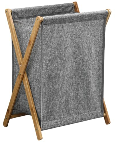 Premium Wäschekorb faltbar und schmal mit Bambusgestell (60 Liter, Grau) - Faltbarer Wäschesammler Wäschebox mit Holz-Gestell ideal auch als Organizer - Wäschebehälter platzsparend (Zusammenklappbar)