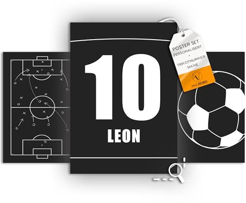 Vacentures Kinderzimmer Fußball Poster Personalisiert I Fussball Bilder Spielfeld für Jungen und Mädchen I 3x Poster DIN A4 - Set (Schwarz/Weiss, Spielfeld)