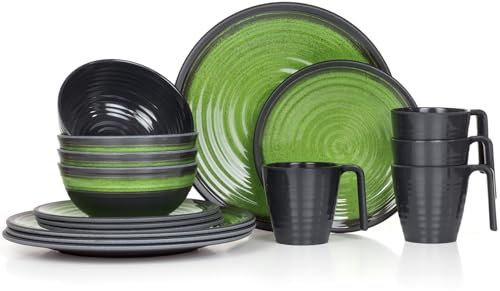 Melamin Camping Geschirr Set 4 Personen Stone Green + 4 Tassen Stone Kaffetassen Becher Tafelgeschirr Picknick BBQ Kochgeschirr