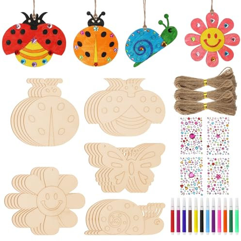 FINEASY 49 Stück Bastelsets für Kinder, Holzbastelsets für Kinder, Basteln Kindergeburtstag mit Aquarellstift & Edelsteinaufkleber, Holz Bastelset für DIY Handwerk, Kindergeburtstag, Malen Dekoration