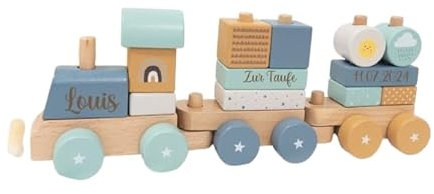 minipishop® Holz Eisenbahn REGENBOGEN I Taufgeschenk Junge I Holz Zug mit Name personalisierbar Holzzug personalisiert I Babygeschenk Jungen
