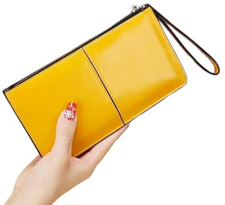 LCLYHY Portafogli Portafoglio Frizione con Cerniera in Pelle di Cera per Olio Femminile Borsetta da Donna con Orologio da Polso da Polso A Portata-Giallo