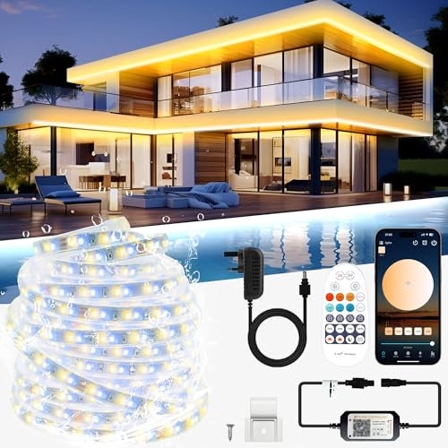 Outdoor 10M Led Strip Lights Waterproof Warm White Led Strip, IP67 Dimmable White Rope Lights with APP & Remote, 24V 3000K to 6500K Self Adhesive Smart Light for Outdoor Garden, Balcony, Patio