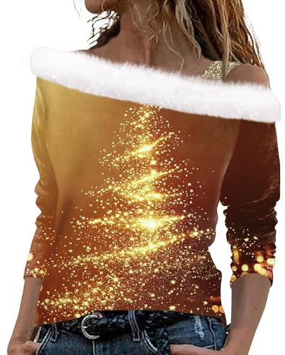Off Shoulder Weihnachtsshirt Damen Glitzer Chritmas Drucken Oberteile Pullover Mesh Langarm Tshirts Langarmshirts Bluse Elegant Slim Fit Tunika Tops Weihnachtsbluse Weihnachtspullover(Gold,XXL)