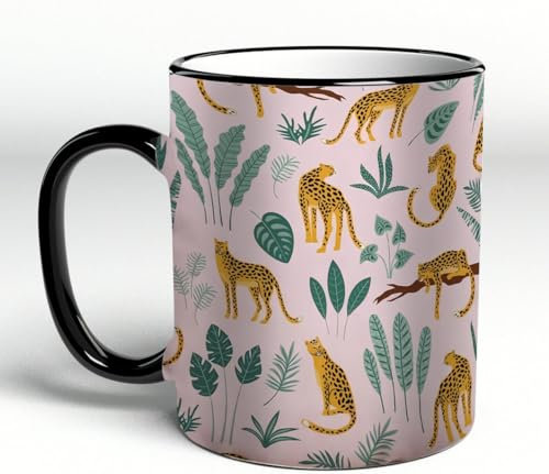 YOIUE Copa de cerámica interesante 11OZ tazas 330 ml - Regalo original y divertido Exquisita taza de impresión Decora tu taza,Estampado de leopardo y hojas tropicales. Estilo moderno.