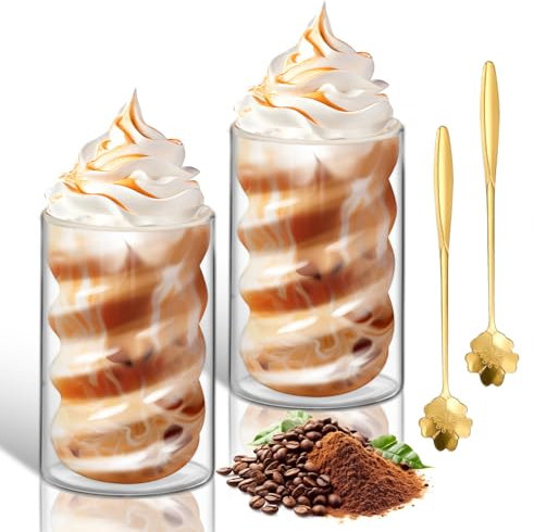 LISDATKE Tasse à Café Double Paroi 2 X 400ml avec 2 Cuillère Verre Double Paroi Transparent Tasses à Latte Macchiato Spirale Tasse en Verre Cafe Résistantes à la Chaleur