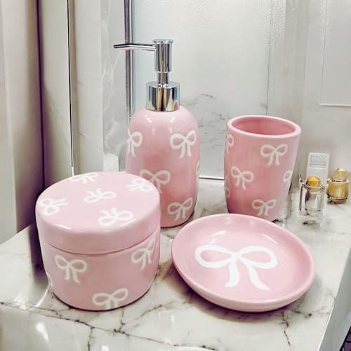 Ensemble de 4 accessoires de salle de bain en céramique avec nœud – Distributeur de savon, gobelet, porte-brosse à dents, porte-savon, pots à cotons-tiges, cadeau de décoration de salle de bain rose