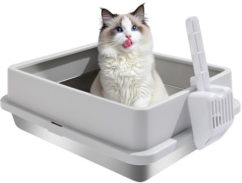 FURRYPAWS L Stainless Steel Cat Litter Tray,Easy to Clean and Leak-Proof Stainless Steel Litter Tray,Metal Litter Tray with Litter Scoop(49x39x16cm)