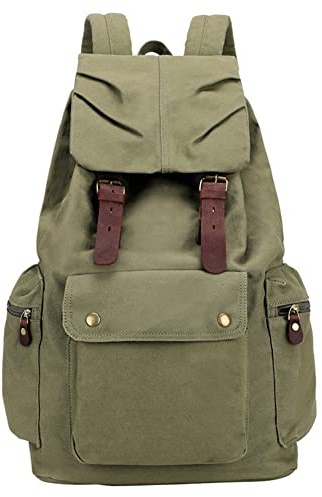 DremFreo Mochila de Lona Clásica, con Correas de Cuero Marrón, Bolsillos Múltiples, Diseño Vintage bg240 (Verde)