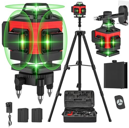 Laser Level Self Leveling 4 x 360°, 4D 16 Lines Green Laser Level with 2 x 2400mAh Batteries, Adjustable Tripod, Swivel Base, Remote Control and Wall Bracket, IP54 Waterproof and Dustproof (Red)