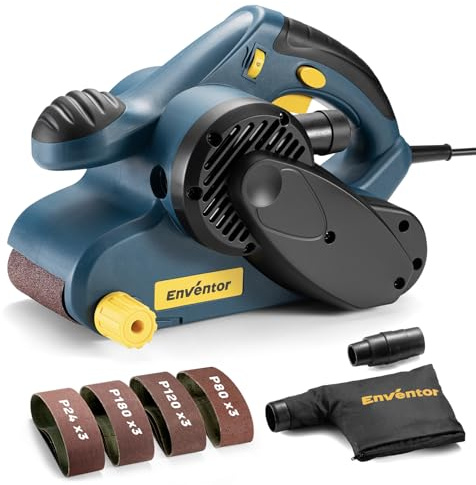 Enventor Levigatrice per Legno, 950 W, 6 Velocità, 12 Nastri 76×533mm | Velocità 120–380 m/min, 3 nastri per grana P80/P120/P180/P240, sacchetto raccoglipolvere rimovibile