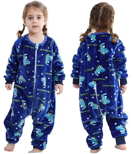 HAHASHOW Schlafsack mit Füßen 2.5 Tog für Baby 4-5 Jahre, Blauer Dino | Warm und Weich Flanell, Zweiwege Reißverschluss, Maschinenwaschbar, mit Ärmeln und Geteilten Füßen, für Herbst und Winter