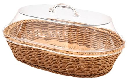 HouseVibe Corbeille à pain tissée avec couvercle – Plateau de service alimentaire, récipient de stockage de fruits en osier, imitation rotin pour table, petit déjeuner, légumes – 25 cm x 35 cm