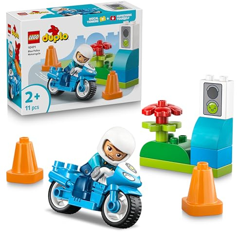 LEGO DUPLO Motocicletta Blu della Polizia - Gioco Didattico per la Motricità Fine - con Moto Giocattolo, Poliziotto, Semaforo e 2 Coni - Regalo di Compleanno per Bambini e Bambine da 2 Anni - 10471