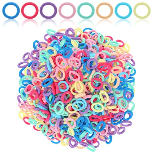 LIQWEI 500 stycken mjuka elastiska hårband färgglada, 2 cm hårsnodd kvinnor flickor, mini hårband små 8 färger baby hårsnoddar sömlösa hårband för barn för flätgummi jul en presentpåse