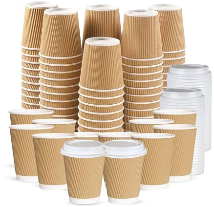 CHEF ROYALE 100x 12oz Disposable Coffee Cups with Lids - Takeaway Paper Cups for Hot & Cold Drinks - Kraft Triple Walled Disposable Paper Ripple Cups - Reusable Takeaway Coffee Cups (with Lids)