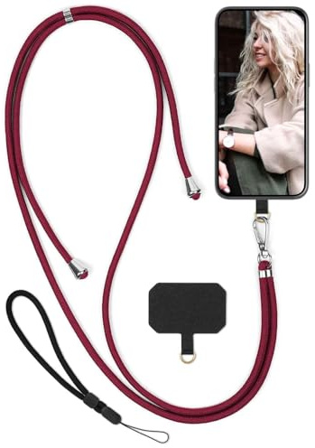moex Unleash für Motorola Moto G56 5G Handyband zum Umhängen ohne Hülle, Handykette Universal mit Karabiner, Handy Band abnehmbar, Kette mit Pad für Handyhülle, Rot, Silber