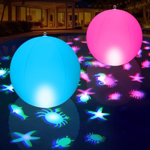 Luxfero Lampe Flottante Solaire LED, Balle Gonflable Grande Lumière Piscine, Lampe Piscine Flottante Étanches IP68, Lumières LED à Projection d'Animaux Changeant de Couleur pour Piscine - 2 Pièces