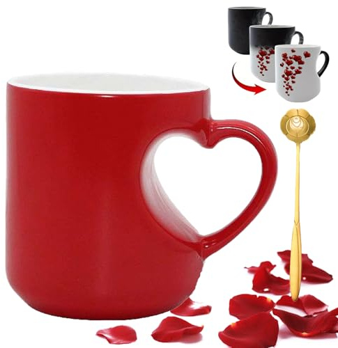 Qosneoun Heart-Shaped Color-Changing Ceramic Mug, Heat Sensitive Magic Color Changing Coffee Mug, Hidden Image Shows with Red Heart Design and 3D Heart Handle, Romantic Gifts for Couples (Red)