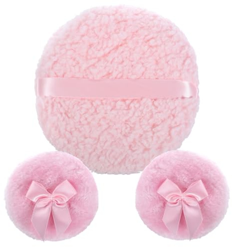 3 Stück 15 cm Große Puderquaste mit 2 Kleinen Puder Schwamm Puderquaste für Körperpuder Body Powder Puderquasten für Nasses Trockenes Gesicht & Körper Talkumpuder(Rosa)