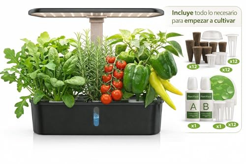 Sistema di coltivazione idroponica per interni, 12 vette con luce LED, kit da giardino intelligente per erbe e verdure in casa (nero)