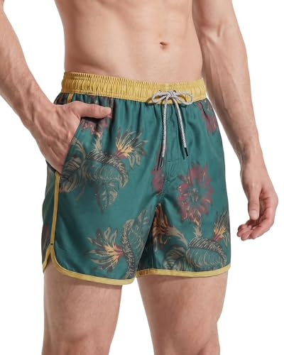 maamgic Badehose Herren Kurz Retro Badeshorts Schnelltrocknend Meshfutter | Retro-Design, kontrastierender Bund, schnelltrocknend, wasserabweisend, knitterarm, Seitentaschen, Klett-Tasche, Kordelzug