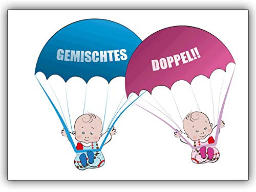 Süße Zwillings Babykarte/Glückwunsch Grußkarte zur Geburt von Zwillings Mädchen und Junge mit rosa und blauen Babys an Fallschirmen: Gemischtes Doppel!!
