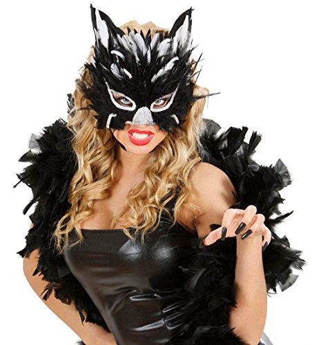 NET TOYS Katzenmaske Feder Maske Silber-schwarz Katze Halbmaske Augenmaske Federmaske Kostüm Zubehör