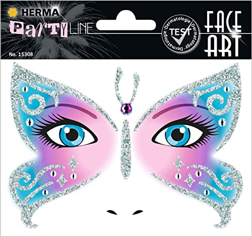 HERMA 15308 Face Art Sticker Schmetterling, dermatologisch getestet, ablösbare Glitzer Gesicht Aufkleber, temporäre Tattoos für Karneval Fasching Halloween Festival Kinder Geburtstag, silber pink rosa