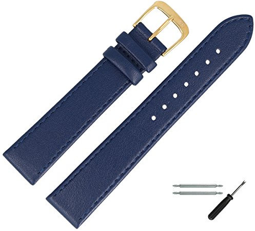 MARBURGER Uhrenarmband 20mm Leder Blau Gold Glatt Mit Naht - Montage Set 7592051000220