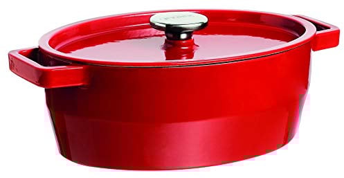 Pyrex 33 cm Slow Cook Enamelled Cast Iron Oval Casserole, Stainless Steel, Red, 5,8L