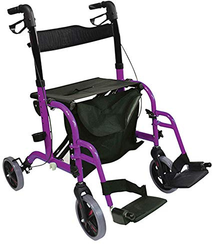 Aidapt Duo Deluxe Purple Folding Light Weight 4 Wheeled Rollator Transit Chair Mobility Aid with Seat, Foot Plates, Carry Bag, Lockable Brakes and Puncture Proof Tyres for Indoor and Outdoor use.