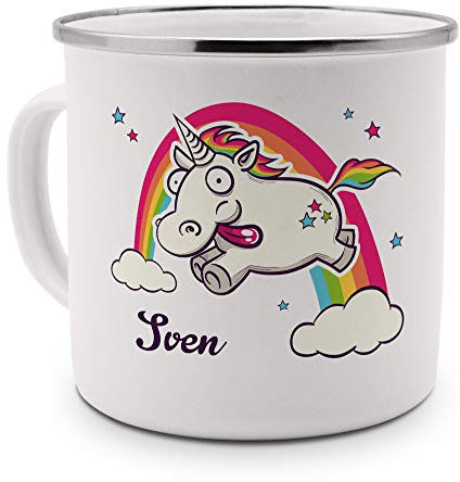 printplanet Emaille-Tasse mit Namen Sven - Metallbecher mit Design Verrücktes Einhorn - Nostalgie-Becher, Camping-Tasse, Blechtasse, Farbe Silber