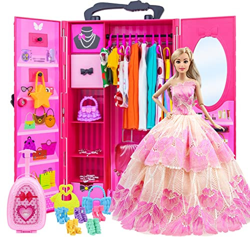 ZITA ELEMENT Lot 101 =1 Closet Wardrobe+1 Suitcase+2 Casual Clothes + 2 Gowns + 2 Swimsuits + 3 Mini Dresses + 10 Necklaces + 10 Shoes + 10 Bags + 10 Hangers + 50 Accessories for 11.5 Inch Girl Doll