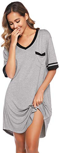 Vlazom Women's Nightgown V Neck Sleep Shirt Oversized Nightdress Short Sleeve Casual Loungewear Sleepwear Grey, XL