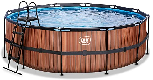 EXIT TOYS Piscine Wood - ø450x122cm - Grande Piscine Ronde à Cadre avec Pompe à Filtre à Sable - Piscine Extra Profonde - Cadre Solide - Échelle de Piscine Incluse - Design Unique - Marron