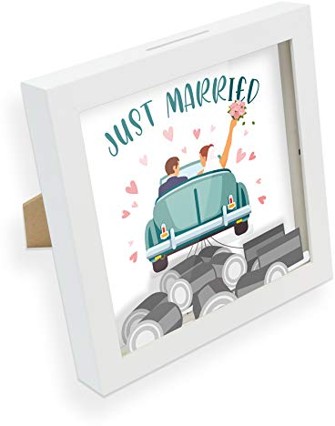 itenga Spardose I Geldgeschenk I Just Married Auto Hochzeit I Gutschein I Bilderrahmen zum Befüllen I Geschenkverpackung I inkl.Einleger zum Dekorieren