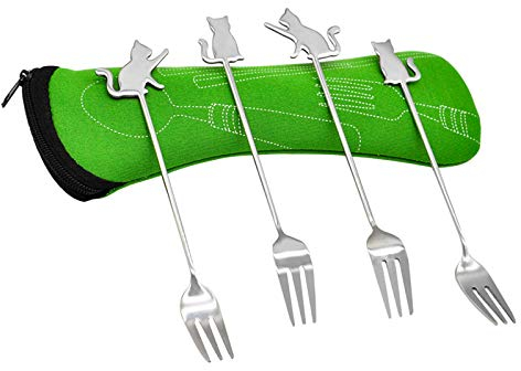 Cake Forks Lovely Cat Stainless Steel Fruit Pastry Dessert Forks with Case for Home Home Camping Picnic 4pcs (14.6x2cm)