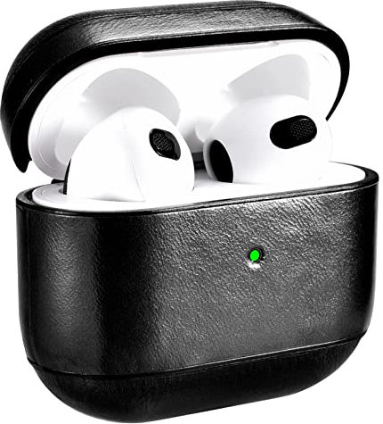 Ledertasche für AirPods 3 2021 Hülle, ICARER Echt Leder Tasche Stoßfeste Schutzhülle Slim Lightweight Echtleder Leder Case für Apple AirPods 3 2021 Case LED Sichtbar (Schwarz)