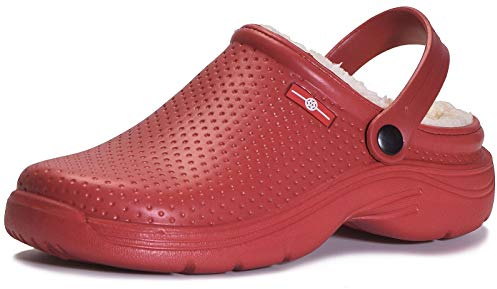 Eagsouni Sabots Fourrure Femme Homme Mules Chaussons Imperméables Chaussures de Jardin Lined Clogs Pantoufles Hiver, Rouge, 42 EU