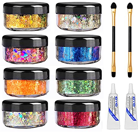 8 Colors Body Glitter Face Glitter Festival Glitter with Glue,Chunky Cosmetic Glitter for Face Body and Hair (Includes Long Lasting Glue and Brush) Festival and Party Beauty Makeup