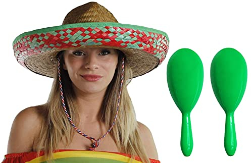 Sombrero mexicano de paja con maracas – Perfecto para fiestas mexicanas Fiesta Fancy Dress Celebration Sombreros (1 sombrero verde/rojo + Maracas a juego)