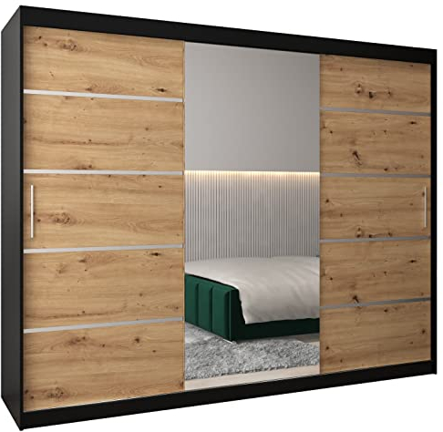 MEBLE KRYSPOL Kleiderschrank mit Spiegel Verona 2 - Garderobenschrank - Schrank Schlafzimmer - Mehrzweckschrank DREI Schiebetüren - Regalen - Flur Möbel - Kleiderstange Schrank - Allzweckschrank